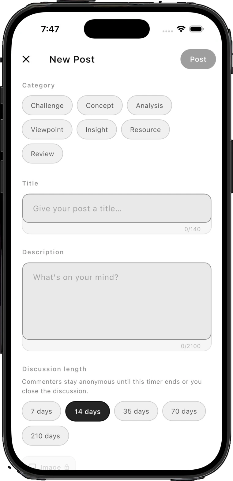Category and evaluation window screen showing Concept, Analysis, and Challenge stages with contributor identities masked