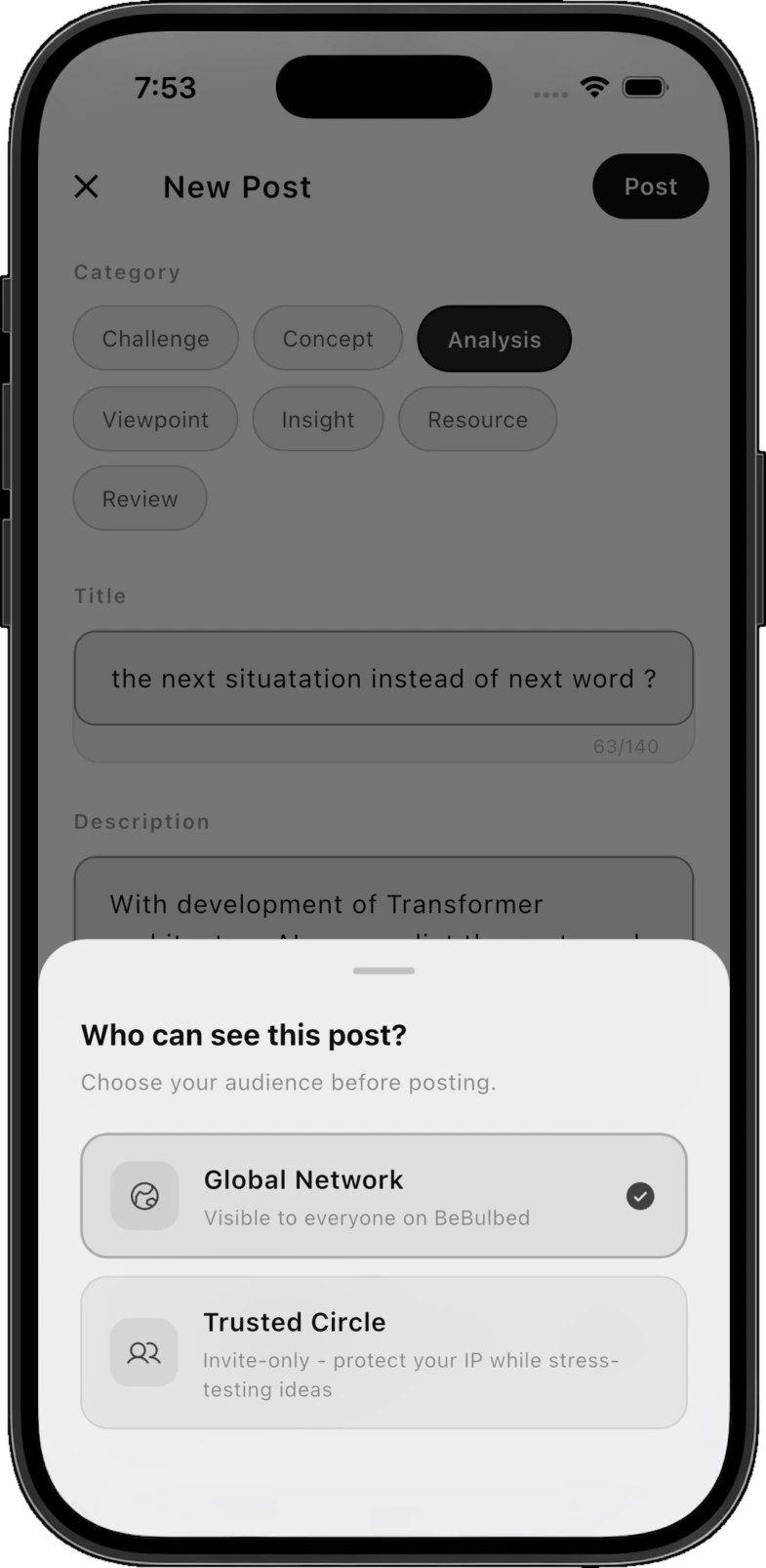 Audience architecture screen showing a Trusted Circle toggle isolating who can see an early-stage post