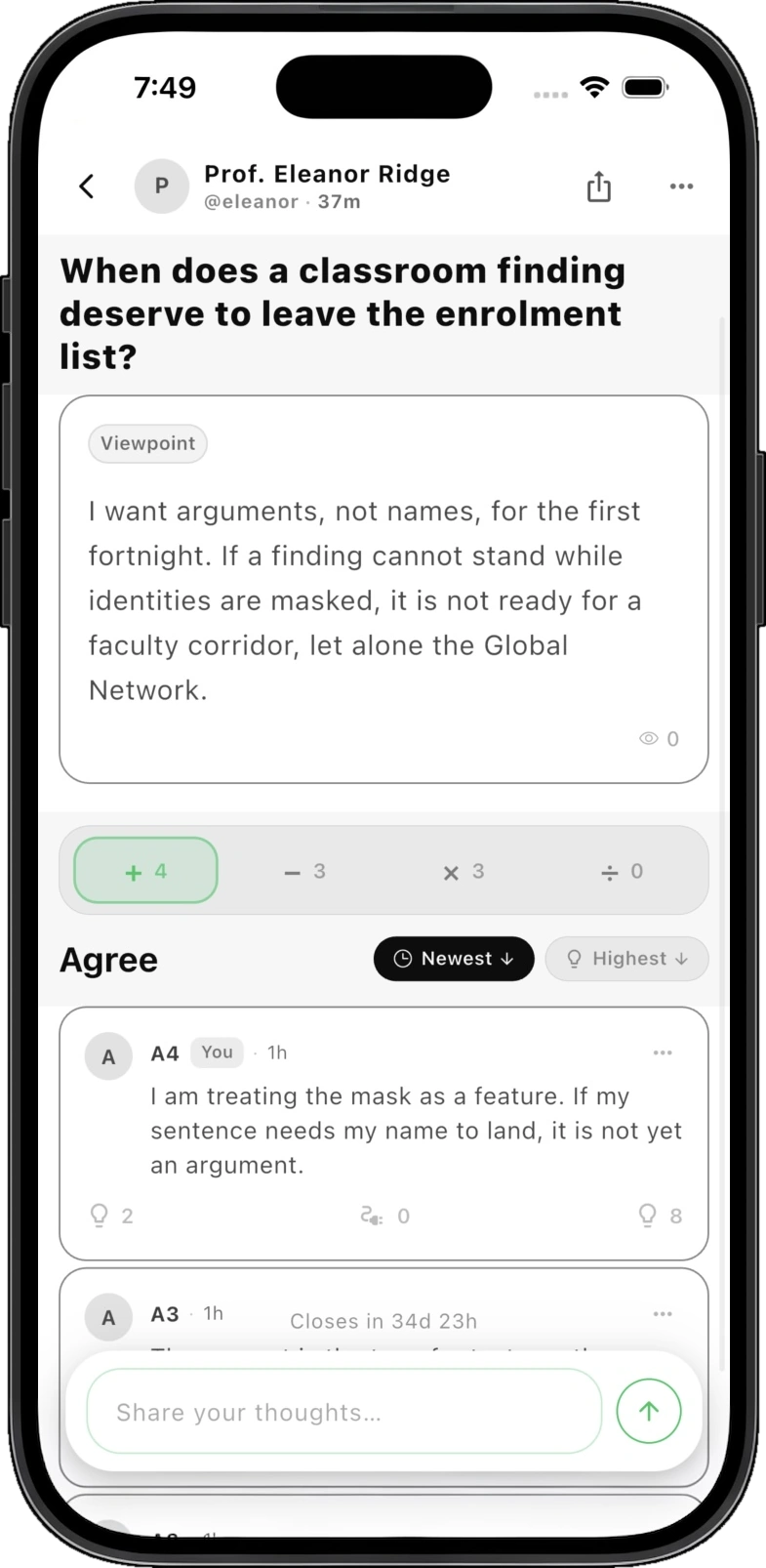 Arithmetic discourse thread showing add, expose flaw, synthesize, and isolate assumptions operations on a claim