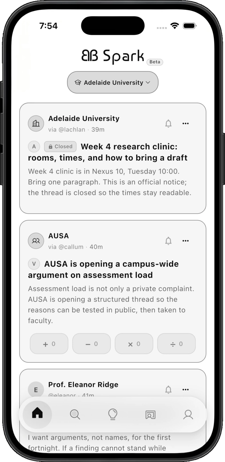 Department and community feed screen showing campus-wide announcements and deliberation threads