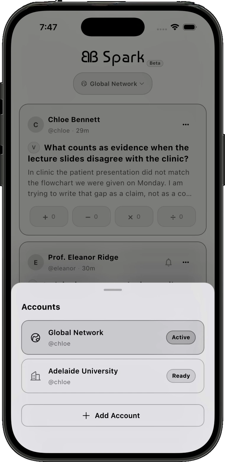 Federated identity switcher screen toggling between an institutional workspace and the borderless global commons