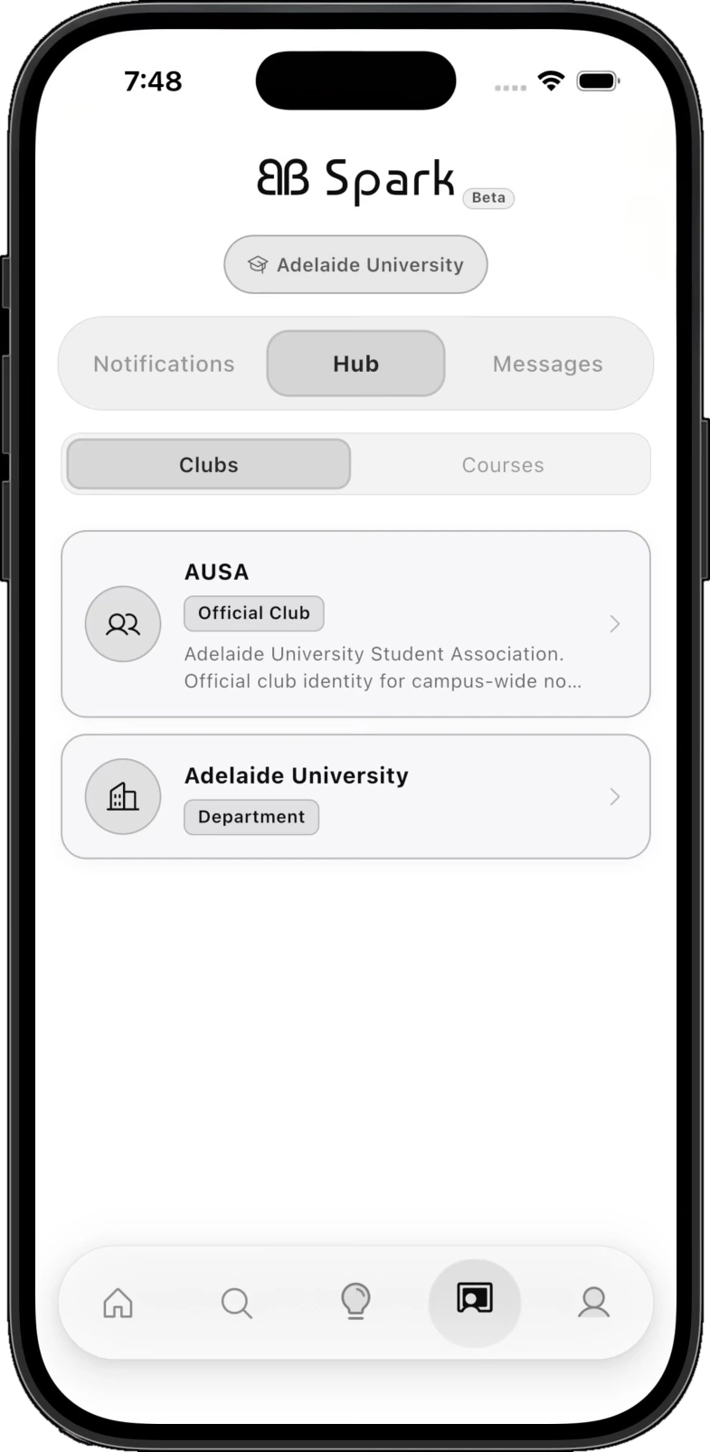 Campus commons screen showing student association and department leadership announcements in a shared, structured space