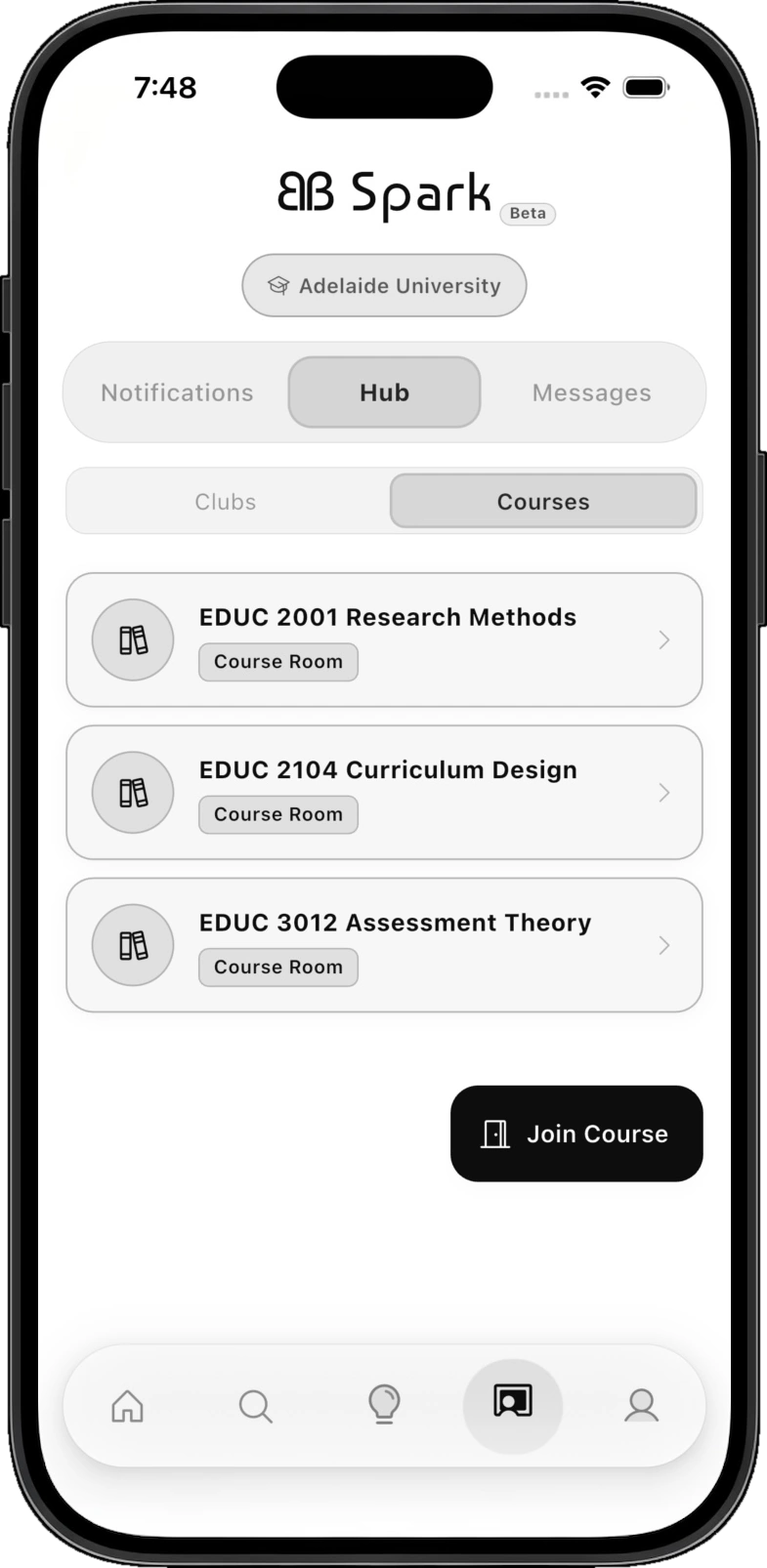 Curriculum sandboxes screen showing dedicated rooms for enrolled subjects, cohort-verified and specific to each syllabus