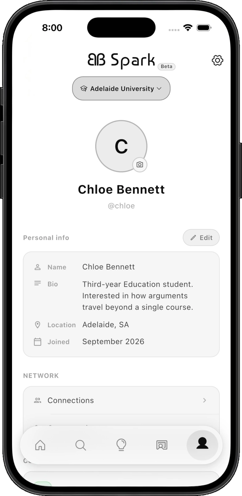 Persistent academic profile screen showing a lifelong, verifiable record of a student's contributions